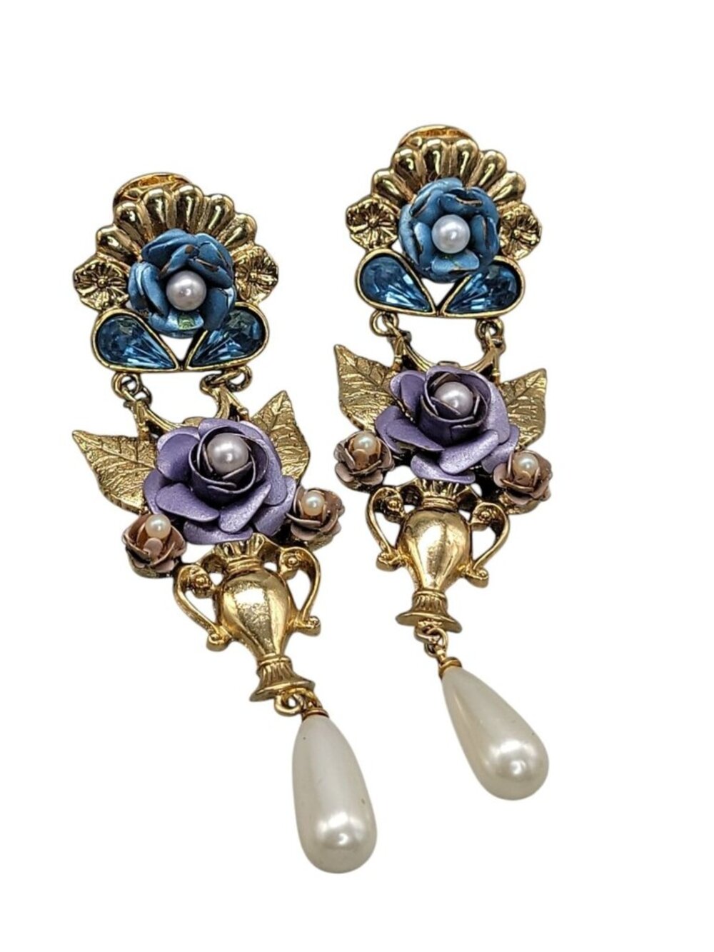 1928 Floral Dangling Statement Earrings Gold Plated Faux Pearl Rhinestones VTG - Picture 12 of 16